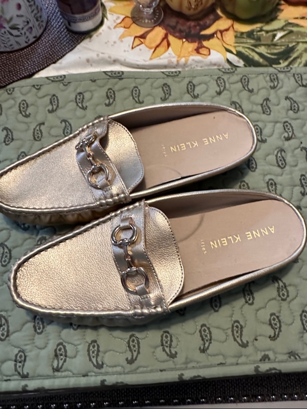 Anne Klein Sport Metallic Rose Gold Slide Loafers with Chain Accent